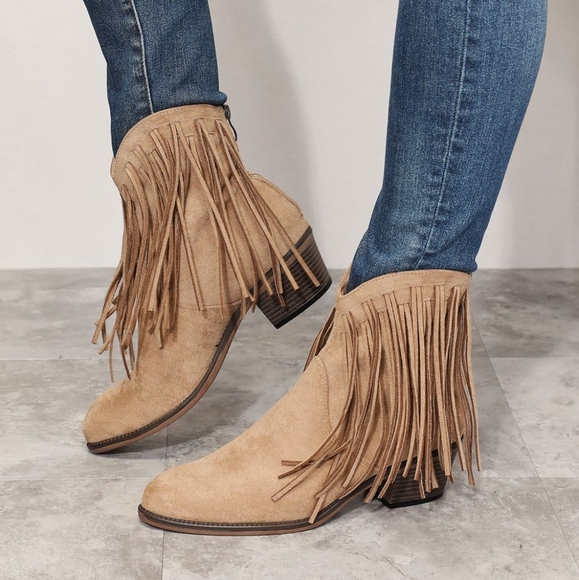 Western Fusion Fringe Ankle Boots - Tan - Picture 1 of 5